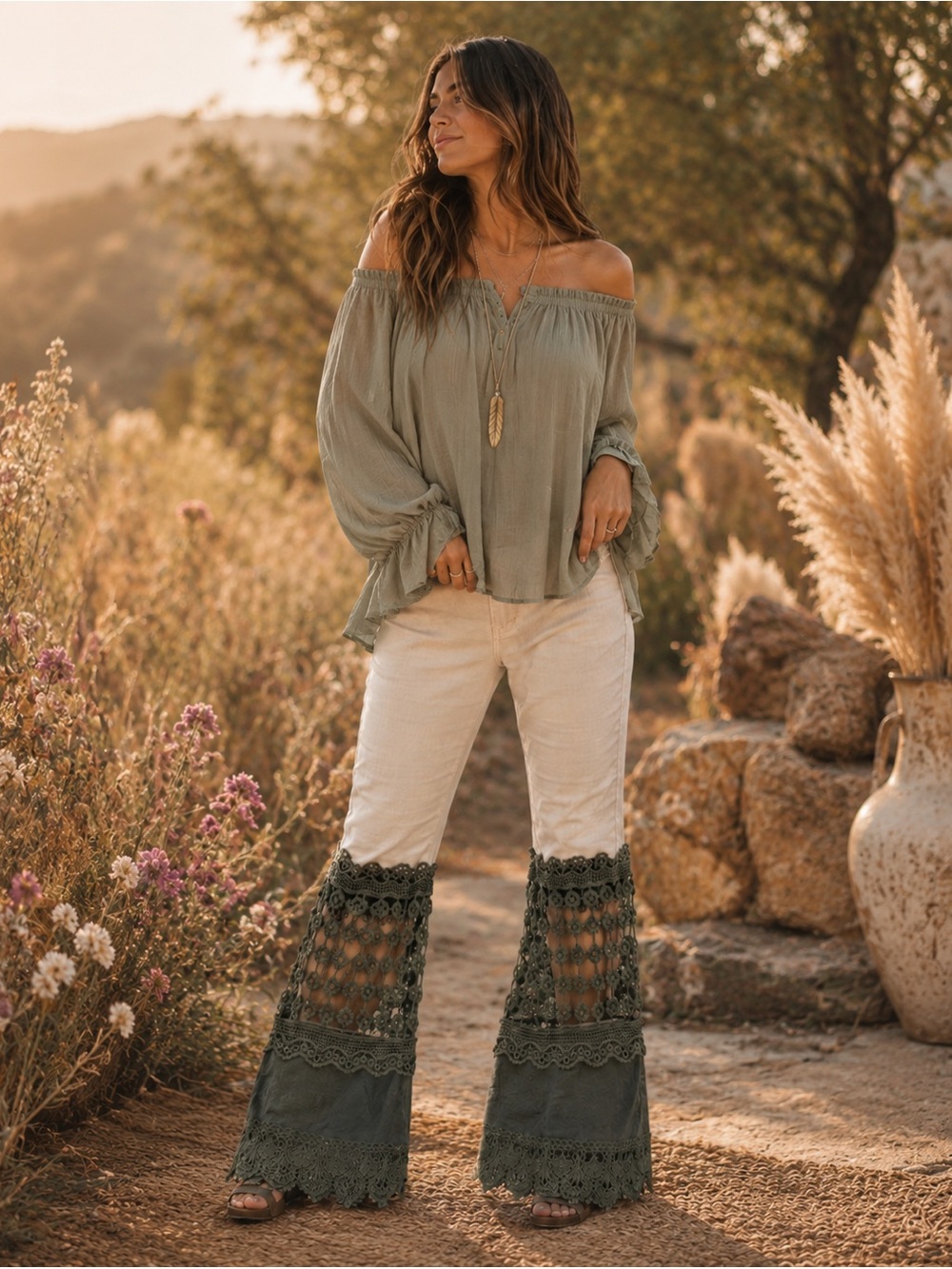Chelsea & Violet Two-Tone Lace-Trim Flare Pants — Olive & Cream